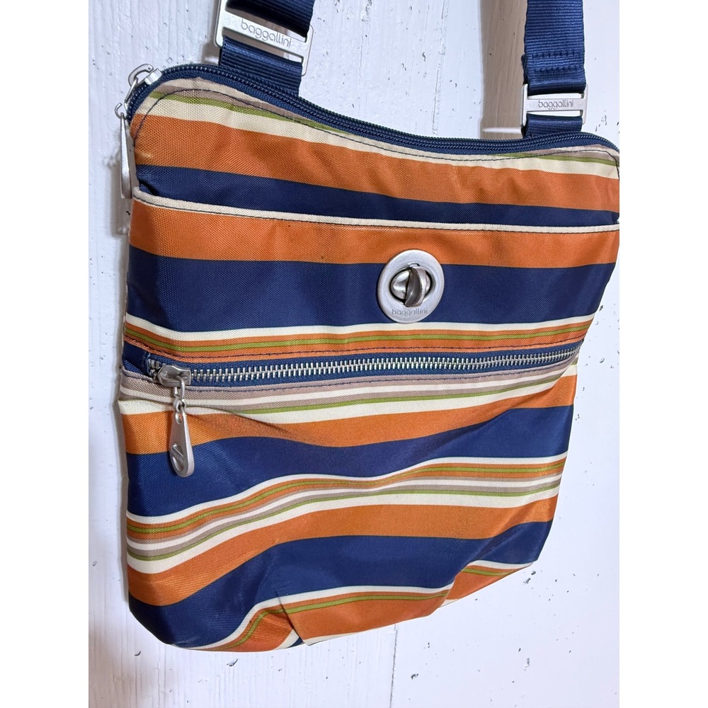 Baggallini Crossbody Bag Striped Nylon Navy Orange Multi Pocket Travel Purse - Picture 5 of 12
